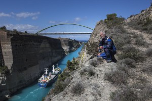 Peter Besenyei checks the location at the Corinth Canal in Corinth, Greece on March 26th, 2014