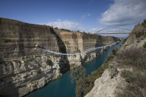 Peter Besenyei fly through the Corinth Canal in Corinth, Greece on March 26th, 2014